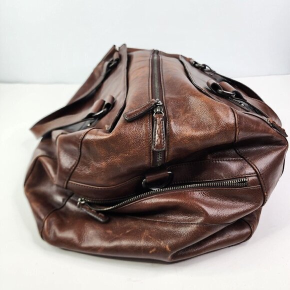 VTG Fossil Brand Brown Genuine leather distressed duffel Transit Carry on Flaw - Picture 10 of 14